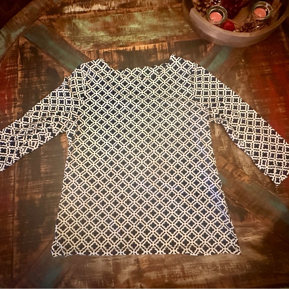 Talbots Casual Women’s 3/4 Sleeve MP petite Cotton Blue&White Blouse Pullover.